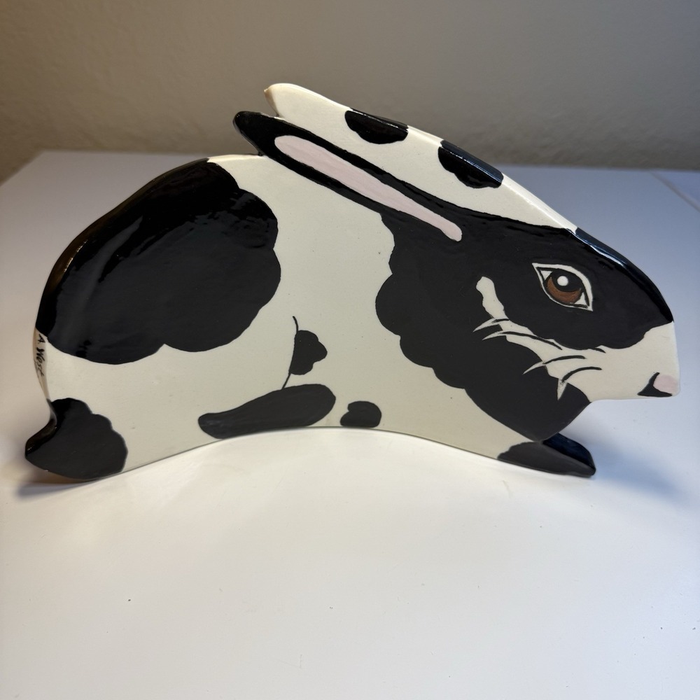 Handmade Ceramic Rabbit Sculpture Signed A West 1980 Black‎ White 10x6 Decor